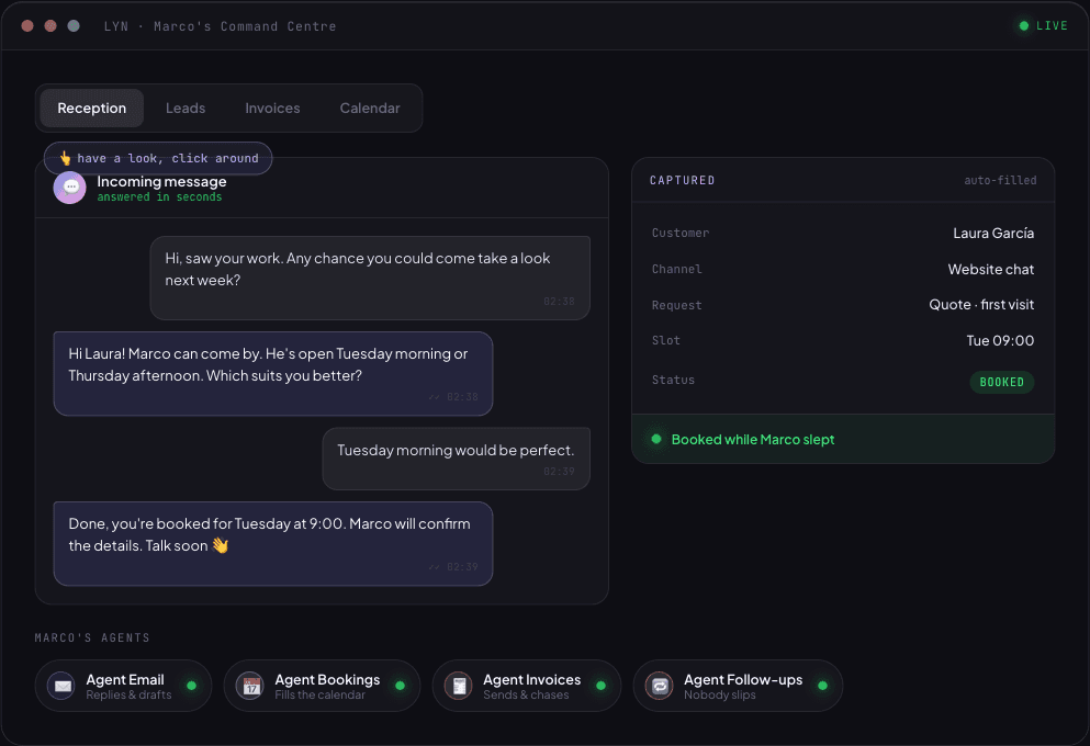 Marco's Command Centre, a dark dashboard where an AI agent books a customer overnight, drafts the reply, sends the invoice, and fills the calendar on its own.