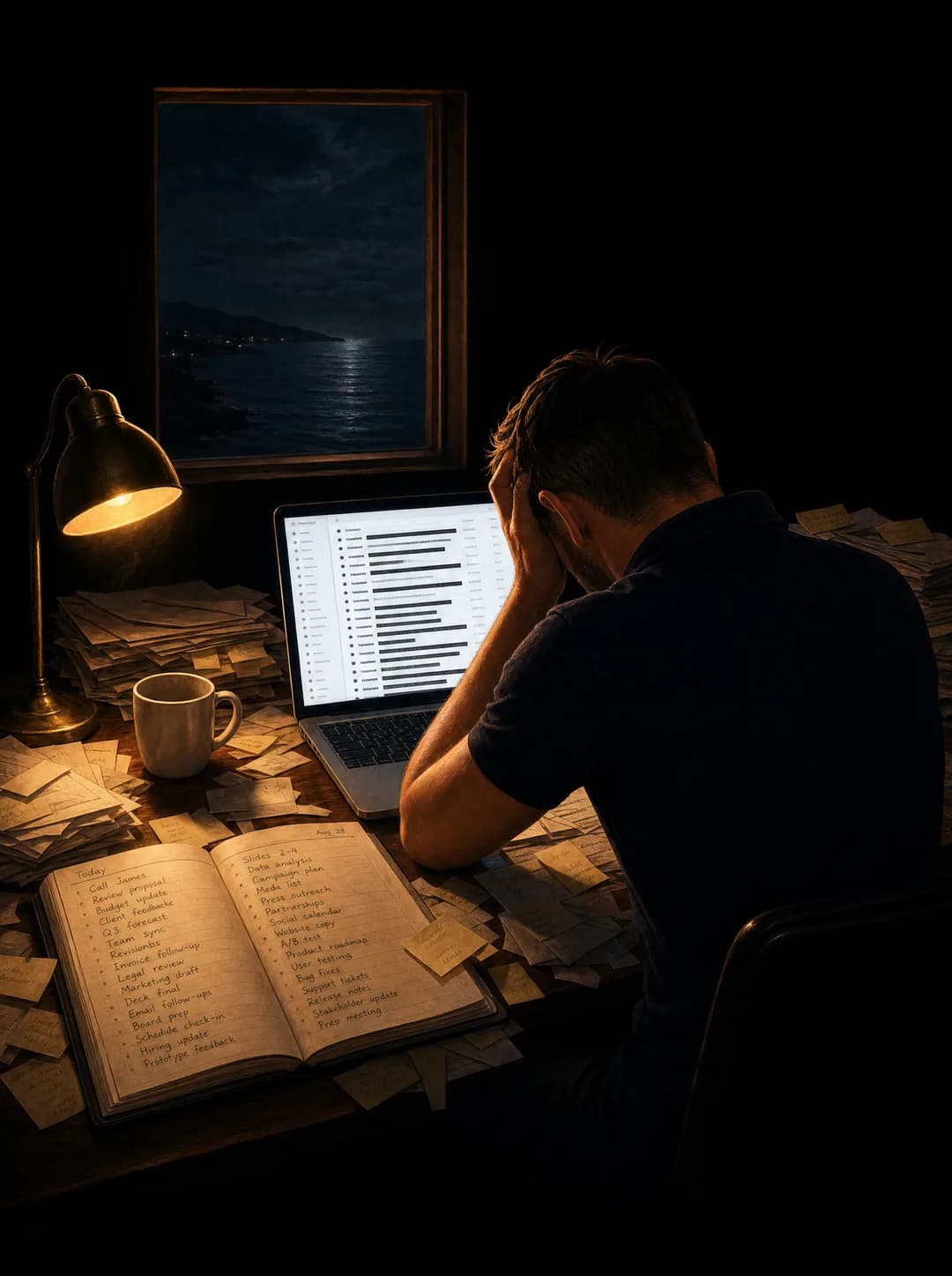 Marco months later, buried in paperwork late at night, exhausted.