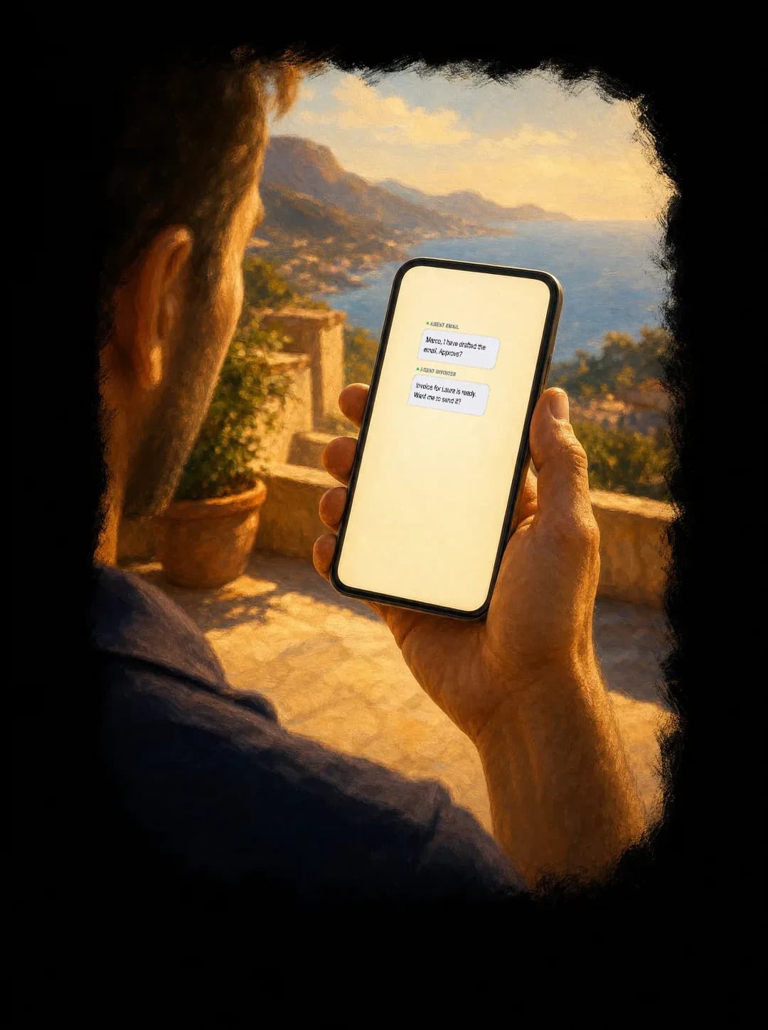 Marco's hand holding his phone outdoors, running the business from his pocket.